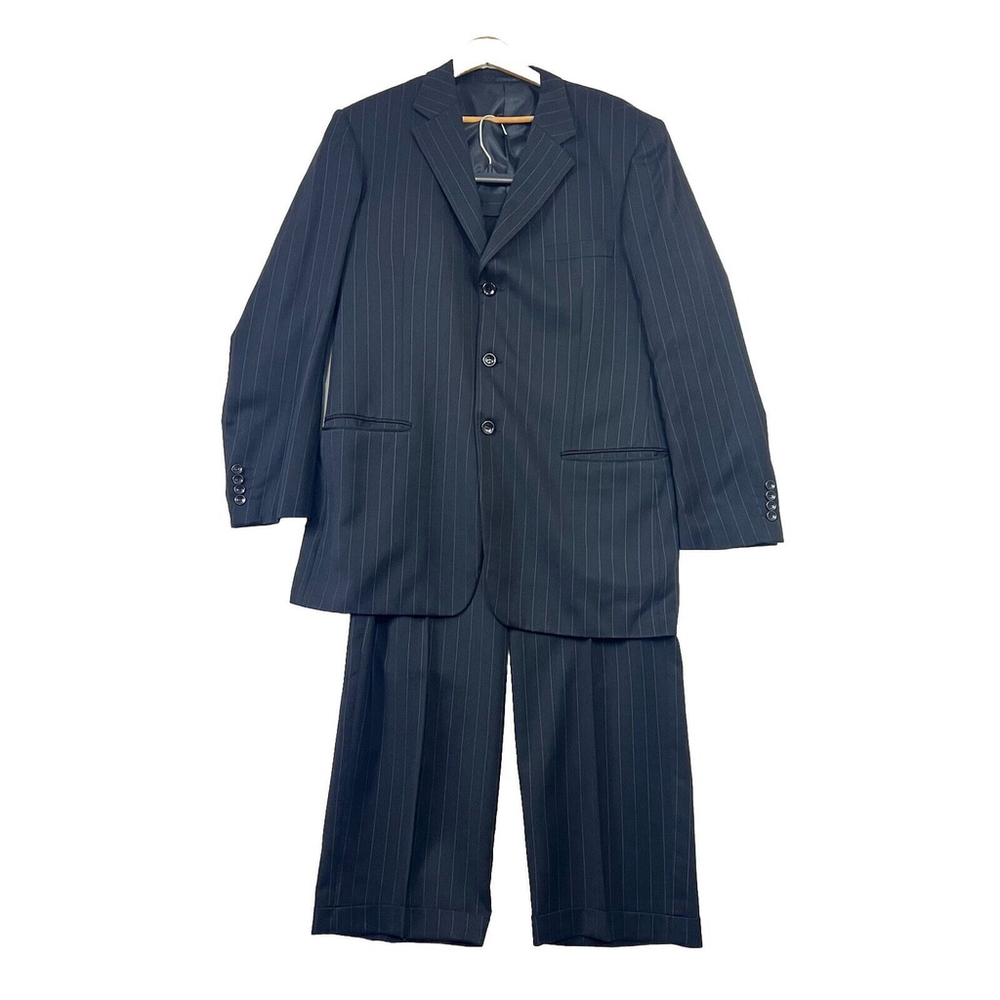 Mantoni 46L 46x40 Black Stripe Super 120s Wool Mens Sport Coat Jacket Pants Suit